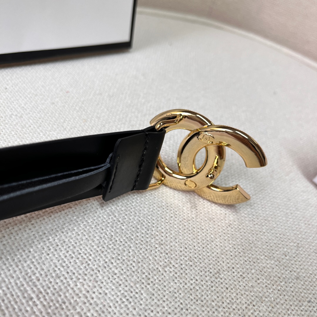 Black Quilted Leather CC Logo Belt