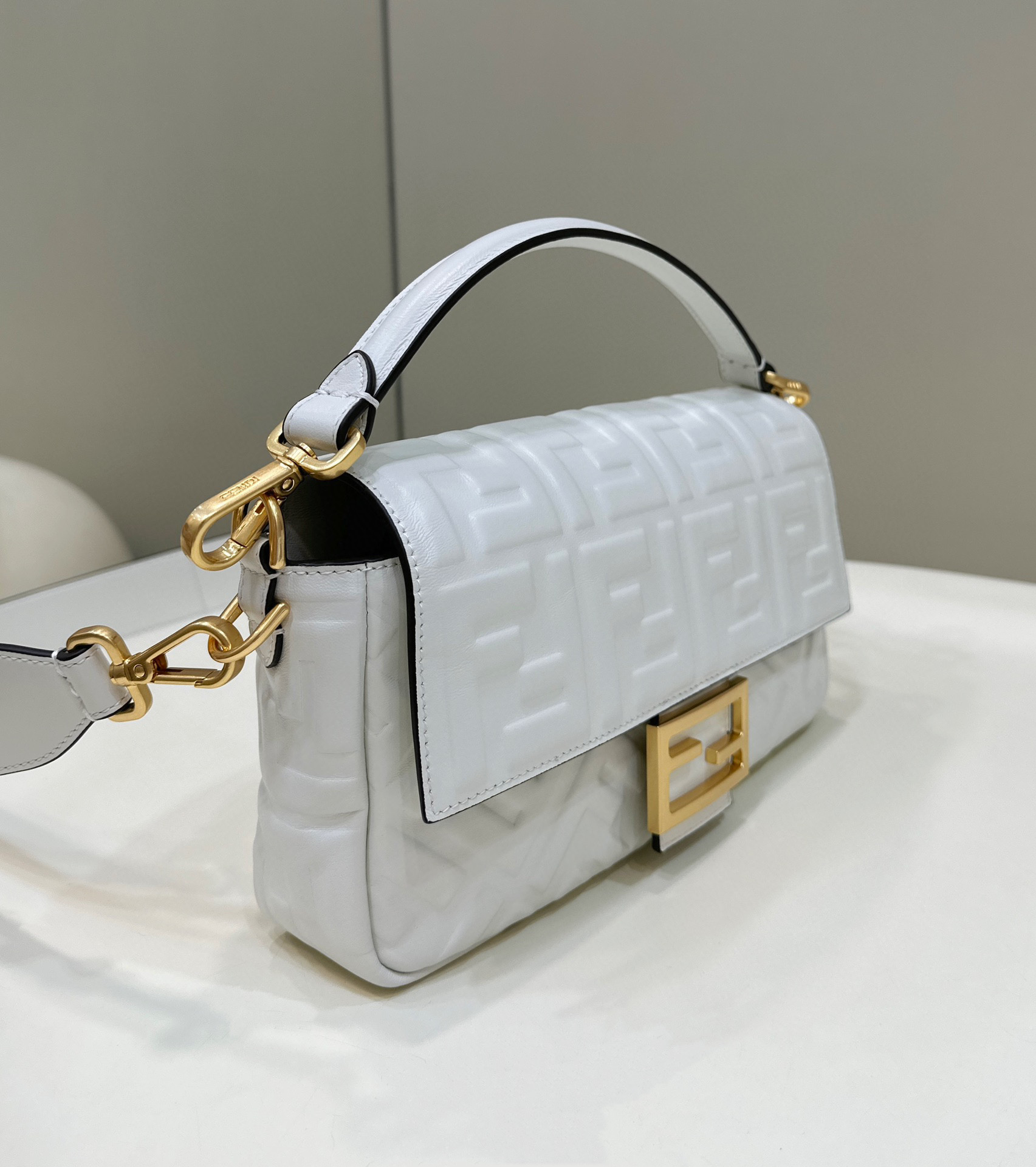 F**di Baguette White Leather Bag