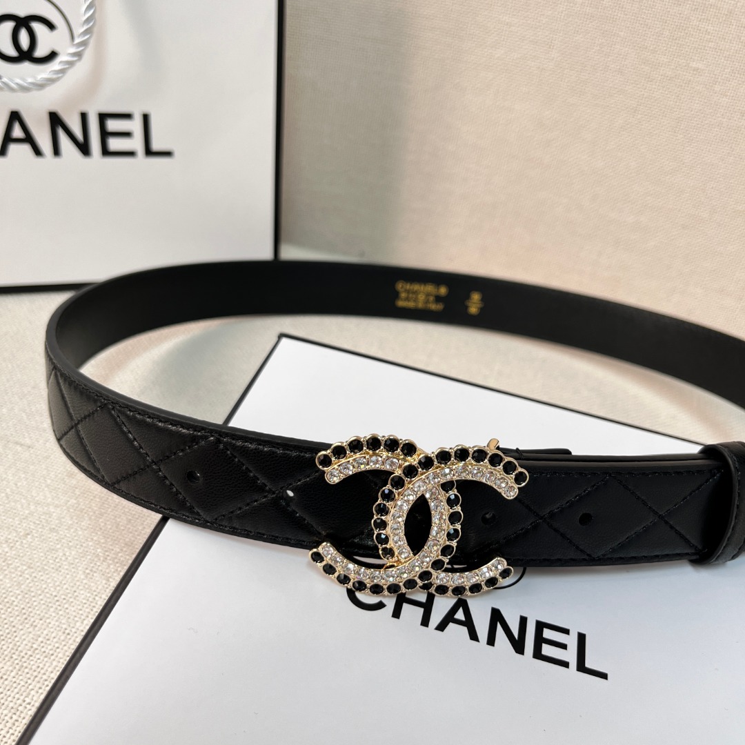 Ch**el Gold Chain & Black Quilted Leather CC Belt