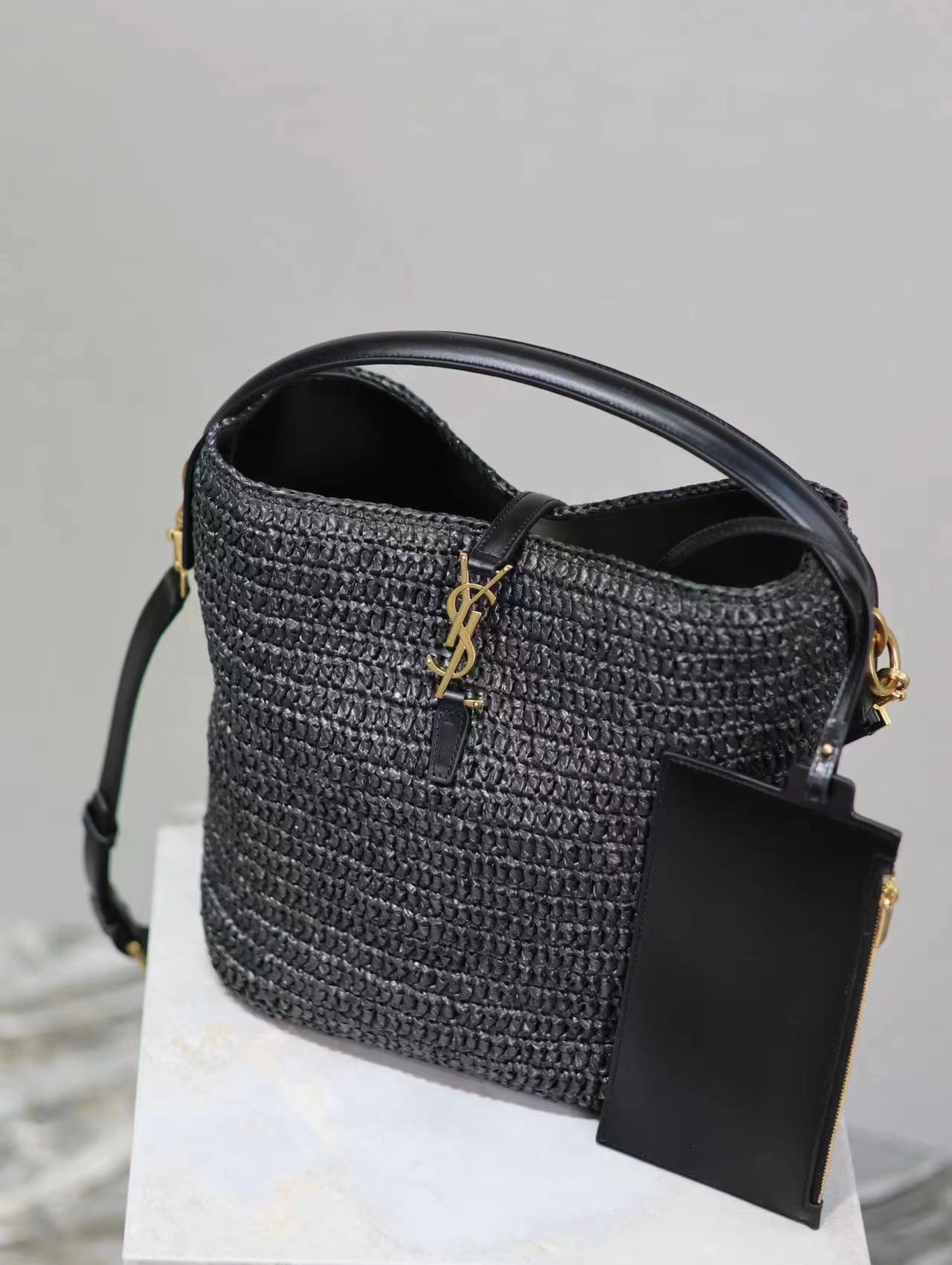Sa1nt Lau*nt Le 37 leather-trimmed raffia bucket bag
