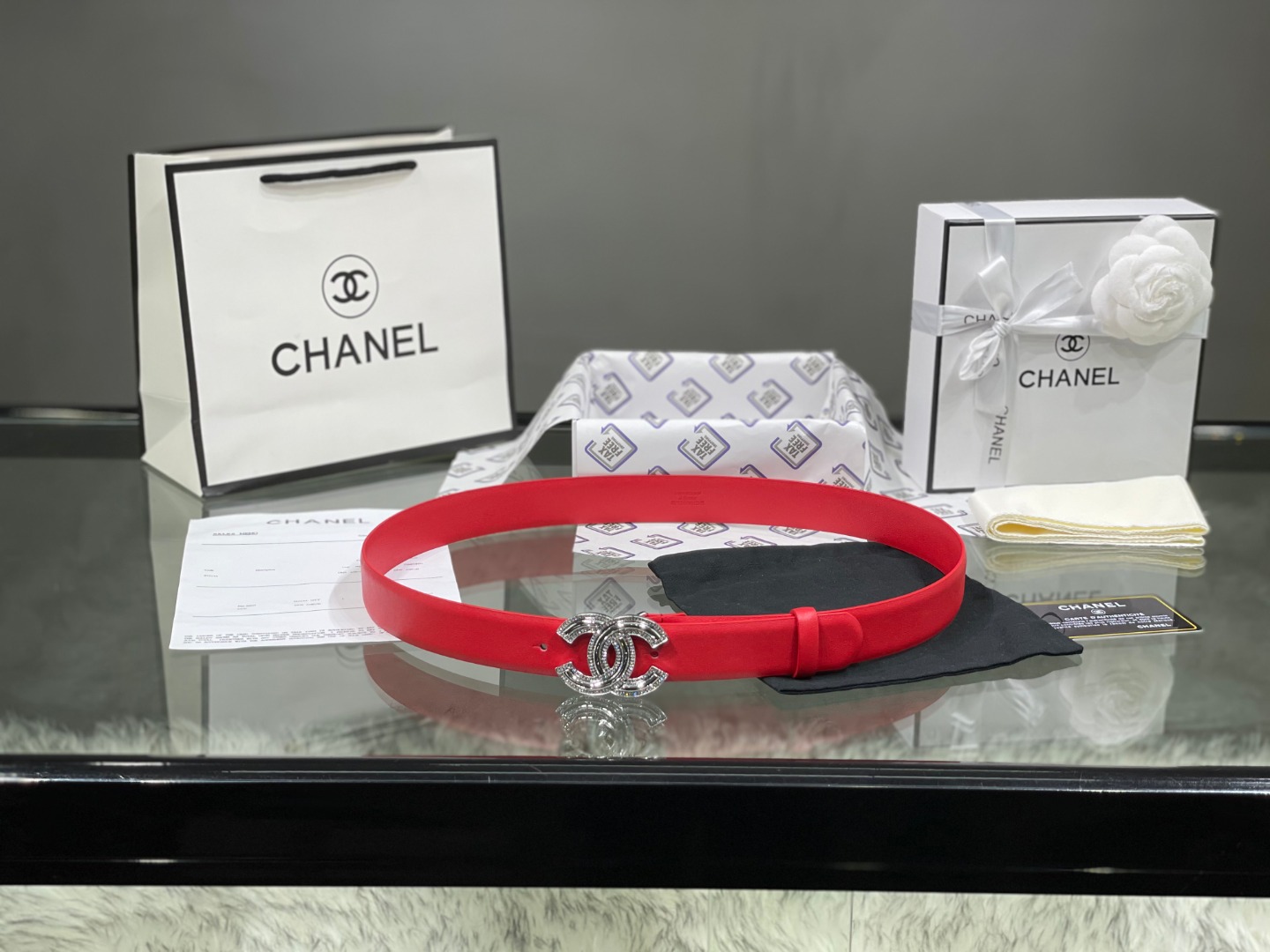 Ch**el Red Patent Leather CC Logo Belt