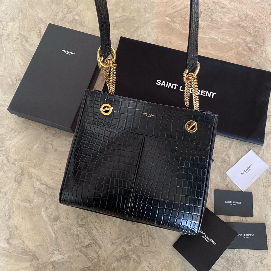 Y51 Sa1nt Lau*nt classic reproduction crocodile pattern shopping bag with detachable chain, bronze metal chain