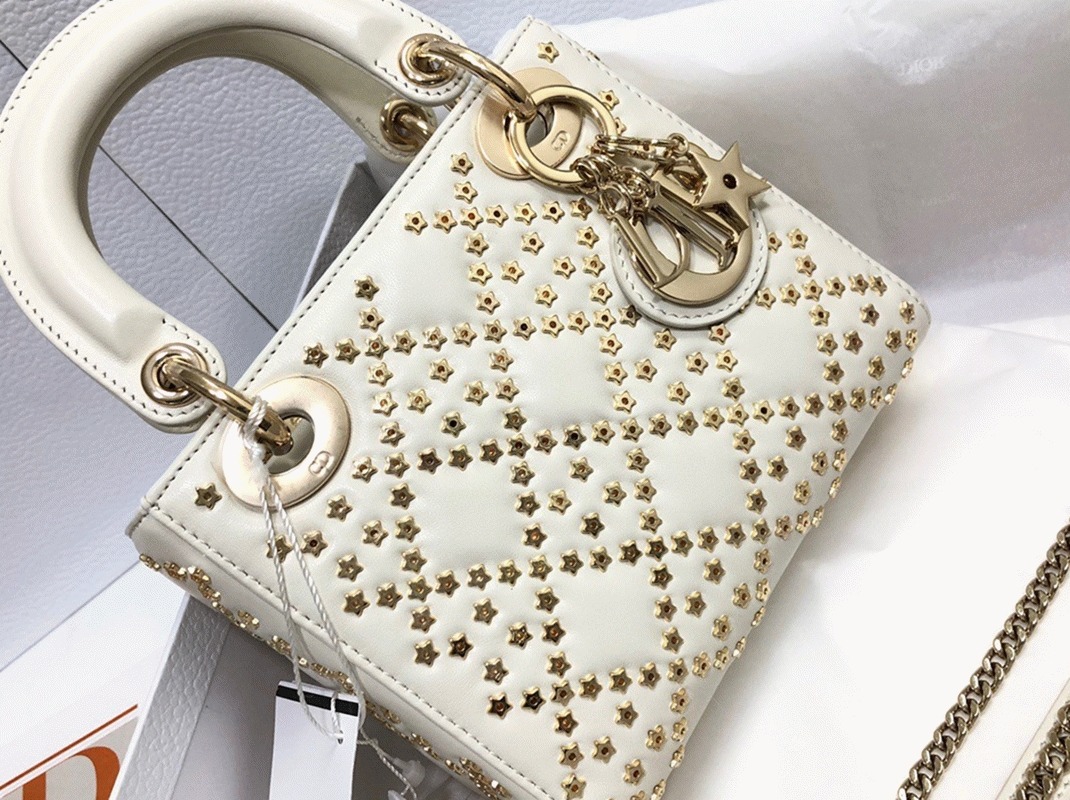 D10r Lady D10r Mini Chain Bag in White Lambskin with Star Embroidery