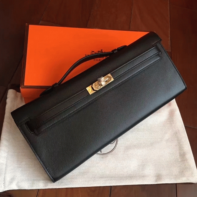 Black Epsom Fake H**me5 Kelly Cut Clutch Sleek Handbag