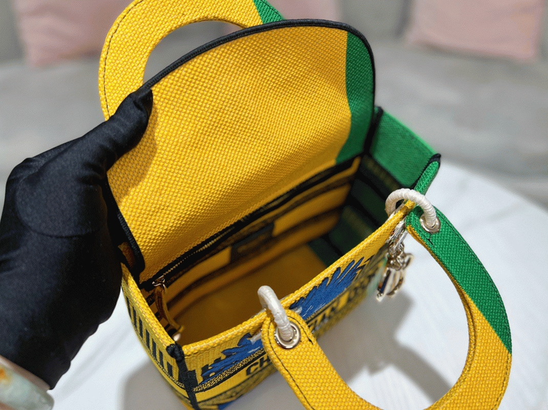 D10r Lady D-Lite Medium Bag Fake in Yellow   Green D-Flower Pop Embroidery