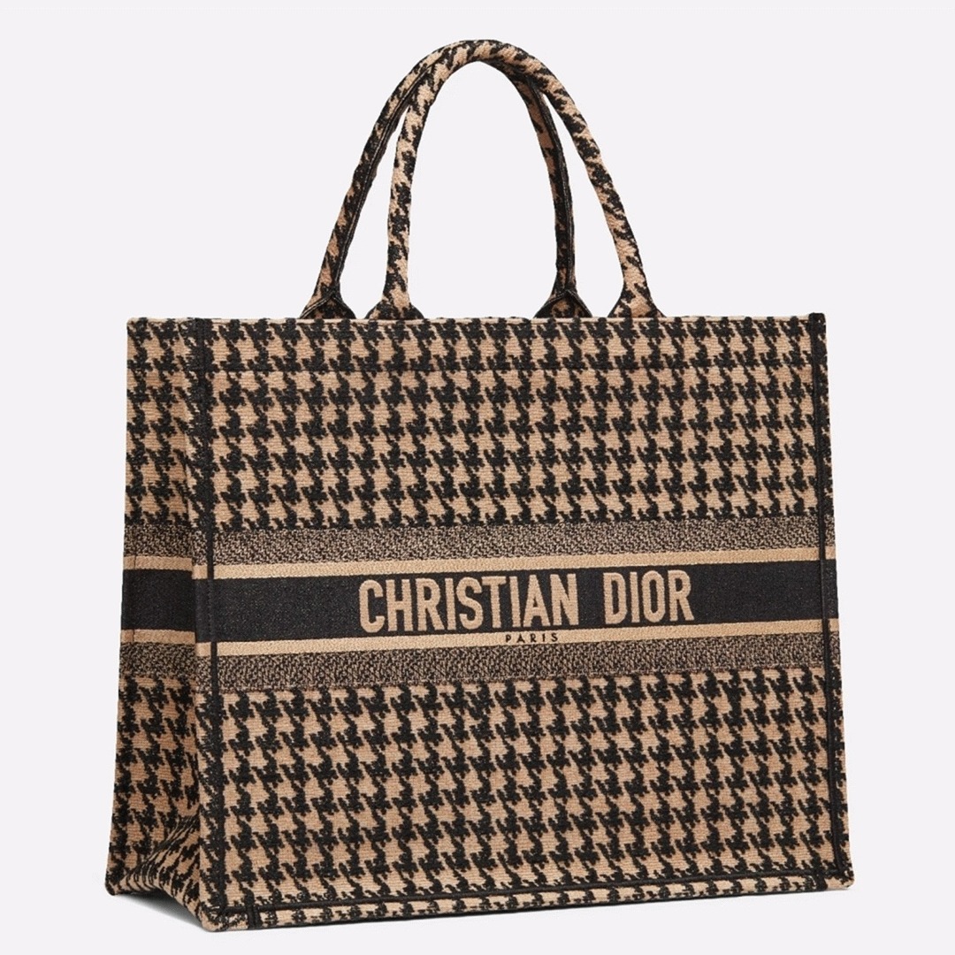 D10r Large Book Tote Bag Replica in Beige Houndstooth Embroidery Canvas