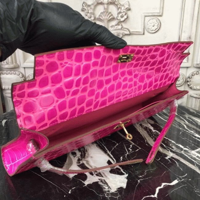 Rose Red Crocodile Replica H**me5 Kelly Cut Clutch Elegant Accent Bag