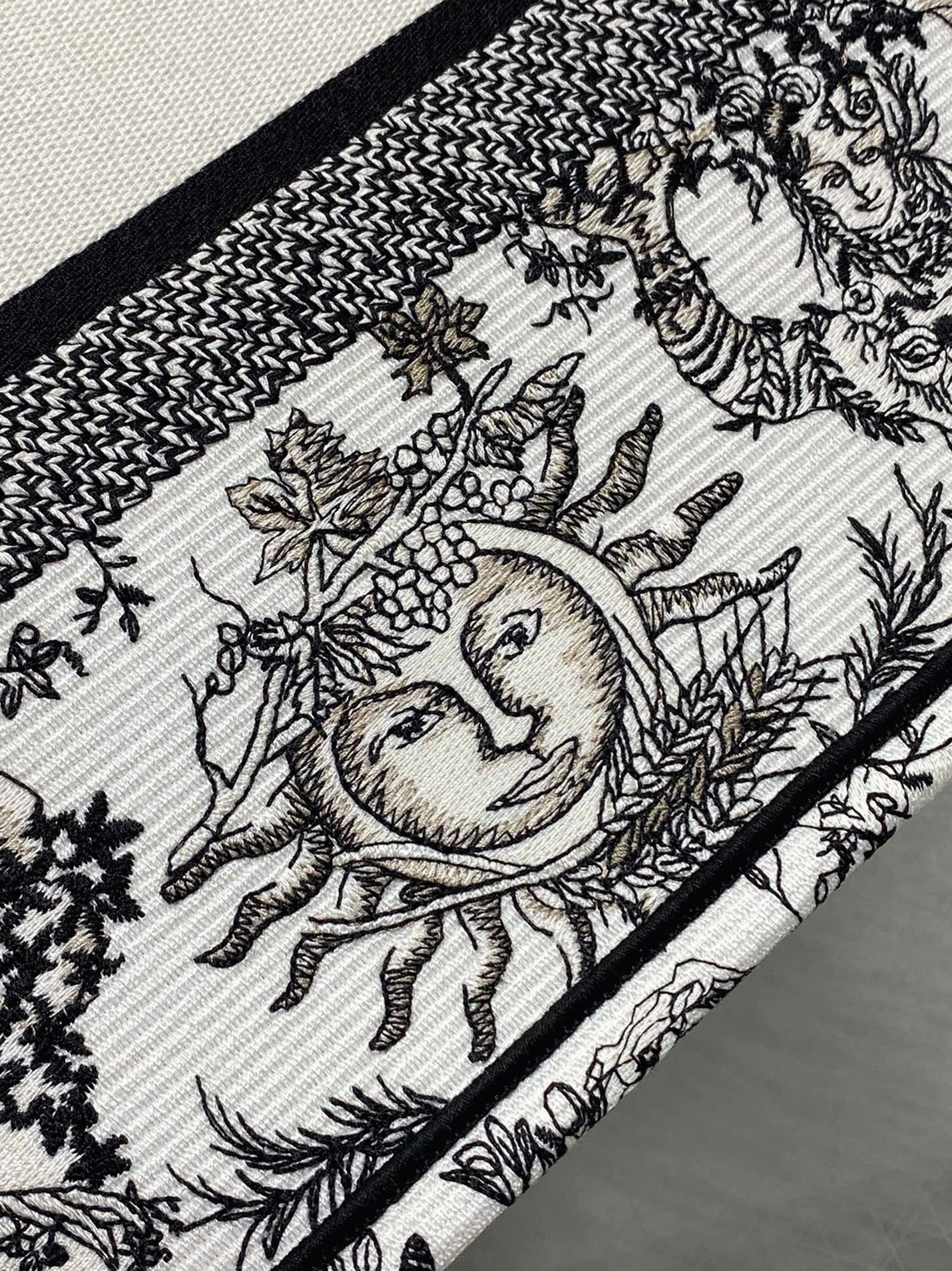 D10r Large Book Tote Bag Fake in White Toile de Jouy Soleil Embroidery