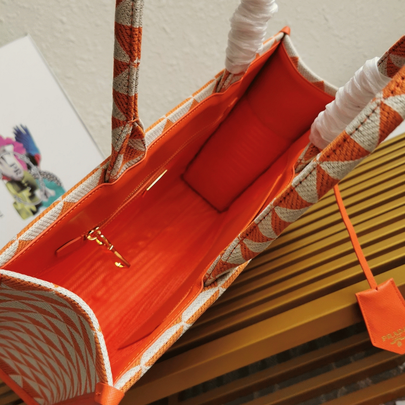 Pra*a Symbole Large Bag Imitation in Orange/White Jacquard Fabric