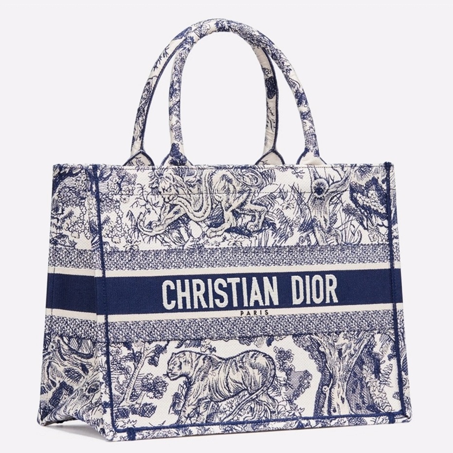 D10r Medium Book Tote Bag Replica in Blue Toile De Jouy Embroidery