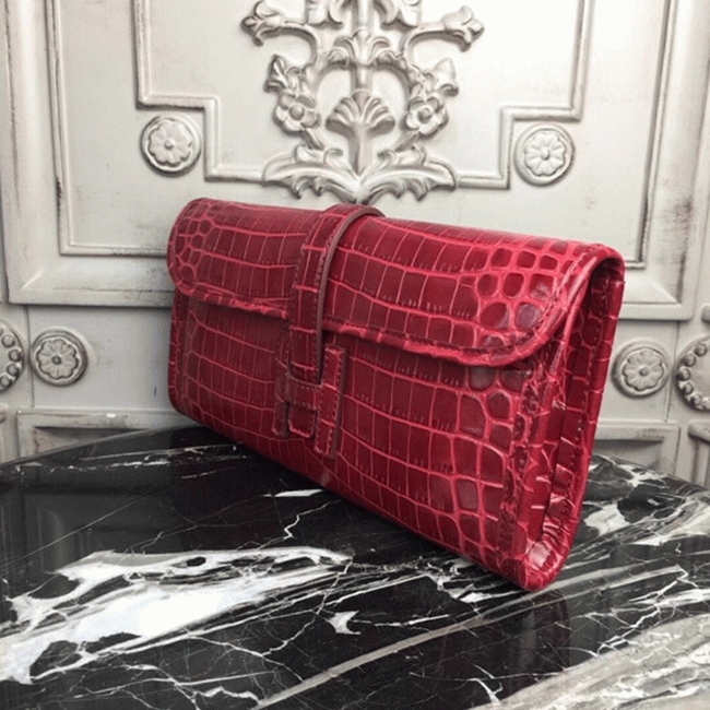 Top luxury dark red crocodile leather replica H**me5 Jige Elan clutch bag