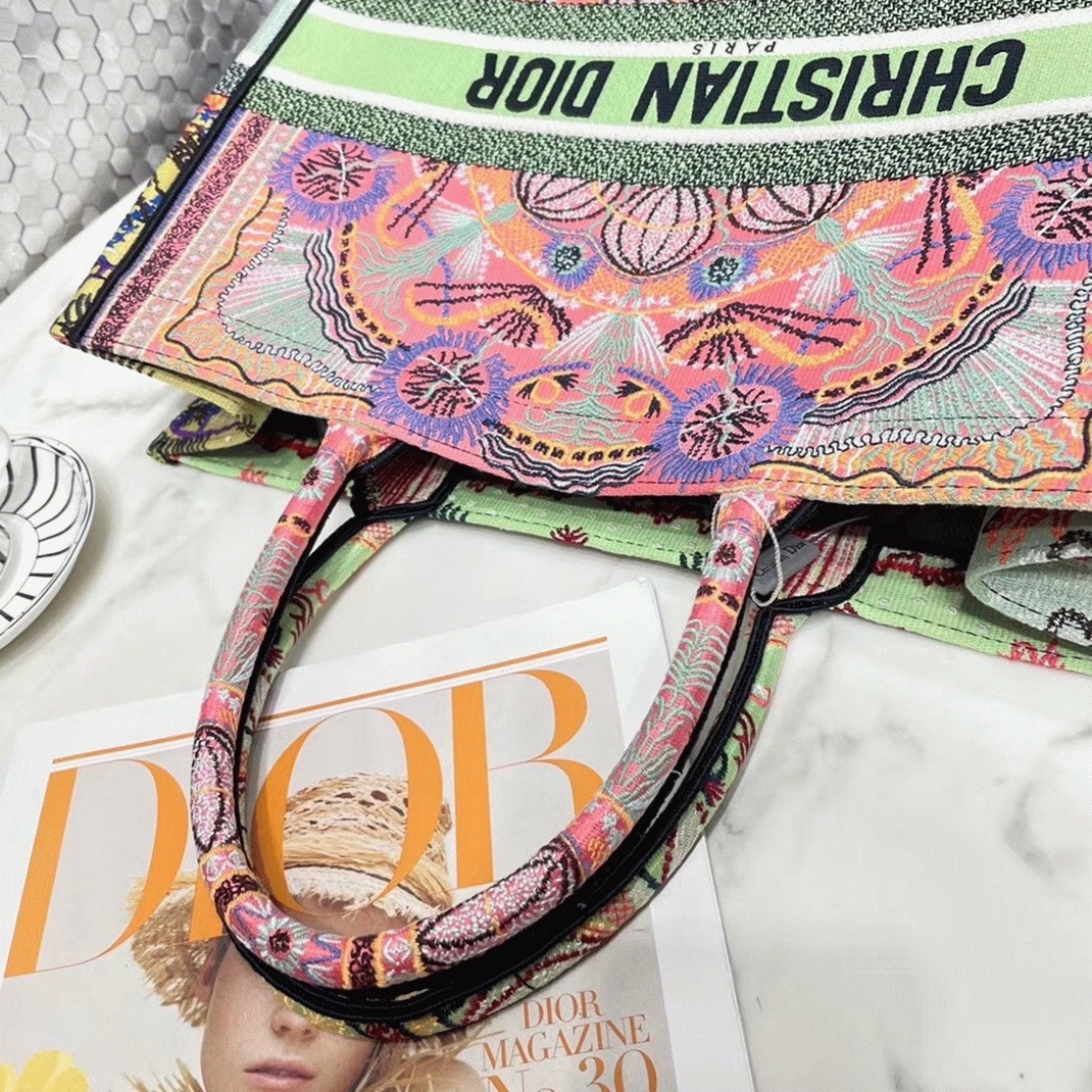 D10r Large Book Tote Bag Fake in Multicolor Lights Embroidery