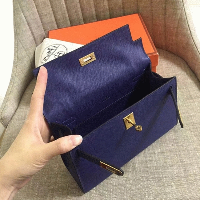 Sapphire Epsom Top Fake H**me5 Kelly Pochette Deep Blue Clutch