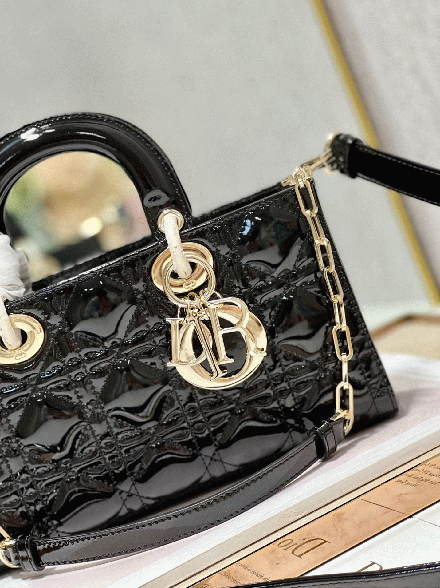 D10r Lady D-Joy Medium Bag Faux in Black Patent Cannage Calfskin