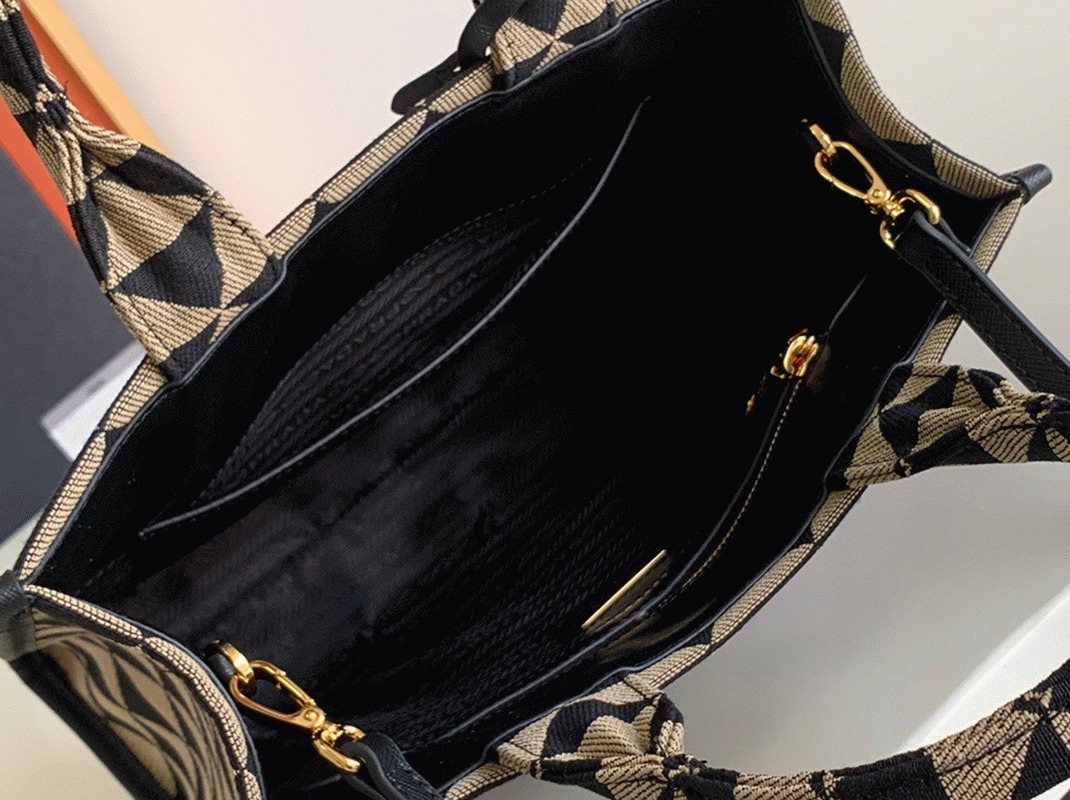 Pra*a Symbole Small Bag Replica in Black/Beige Jacquard Fabric