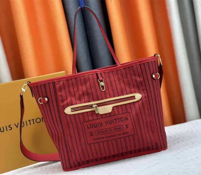 L0vis Vvtt0n Neverfull Bandouliere Inside Out MM Tote In Monogram Canvas And Rouge Sari Textile