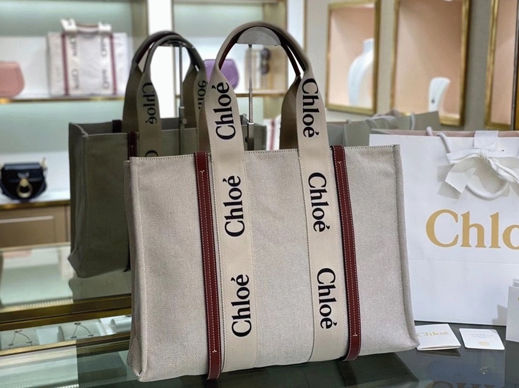 top quality imitation Ch10e large woody tote bag in canvas with brown leather strips
