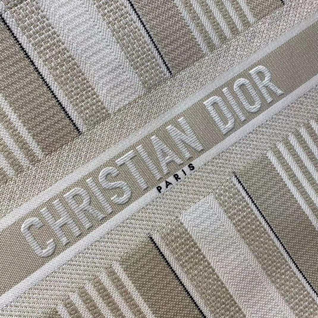 D10r Large Book Tote Bag Replica in Beige Stripes Embroidery
