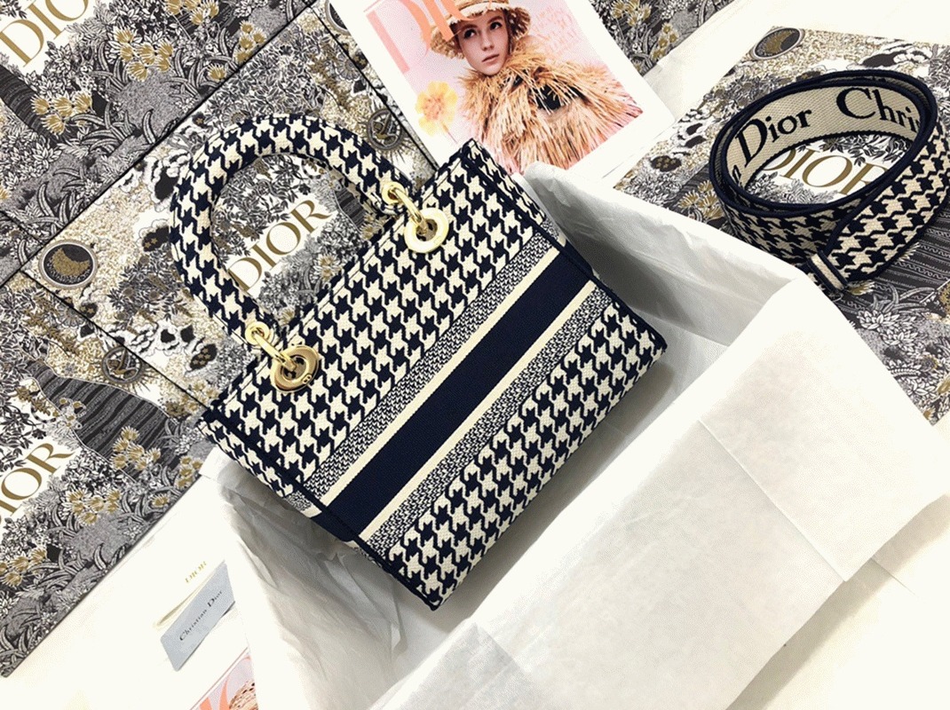 D10r Lady D-Lite Medium Bag Replica in Black   White Houndstooth Embroidery