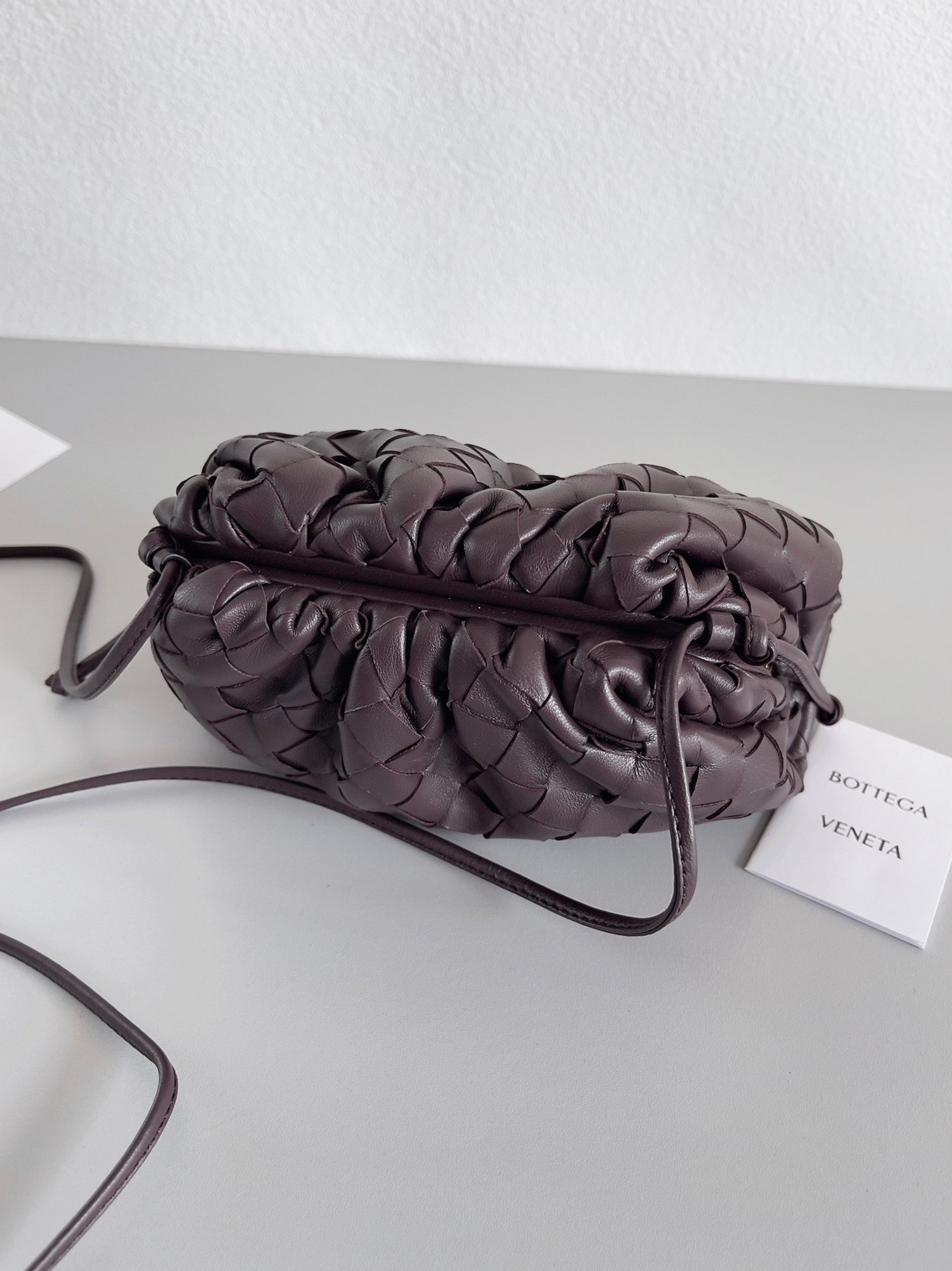 Knockoff B0tt*ga Ven*ta Mini Pouch with Strap Grape