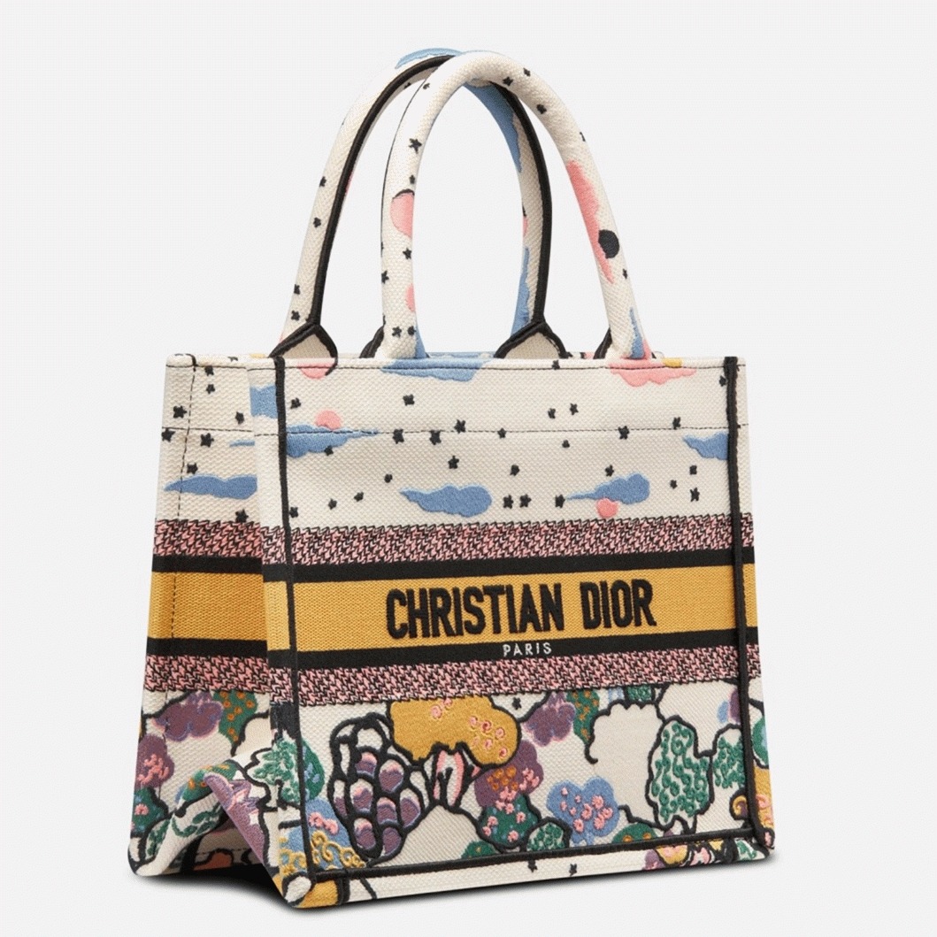 D10r Large Book Tote Bag Faux in White Pixel Zodiac Embroidery