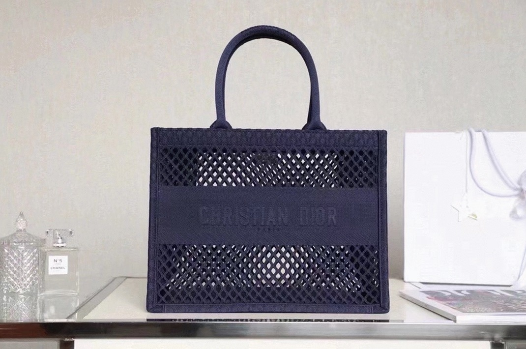 D10r Large Book Tote Bag Replica in Blue Mesh Embroidery