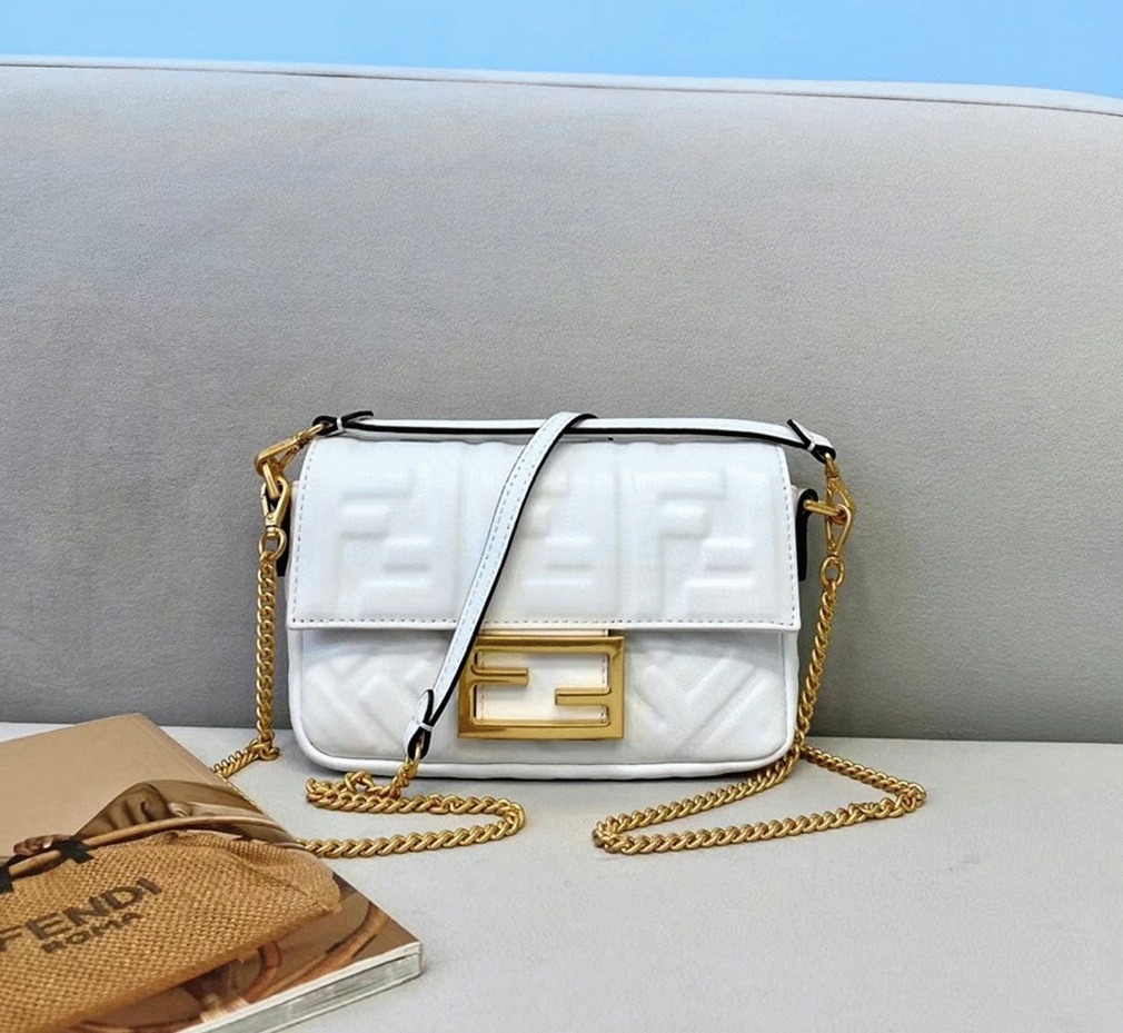 White FF Logo F**di Medium Baguette Replica Bag