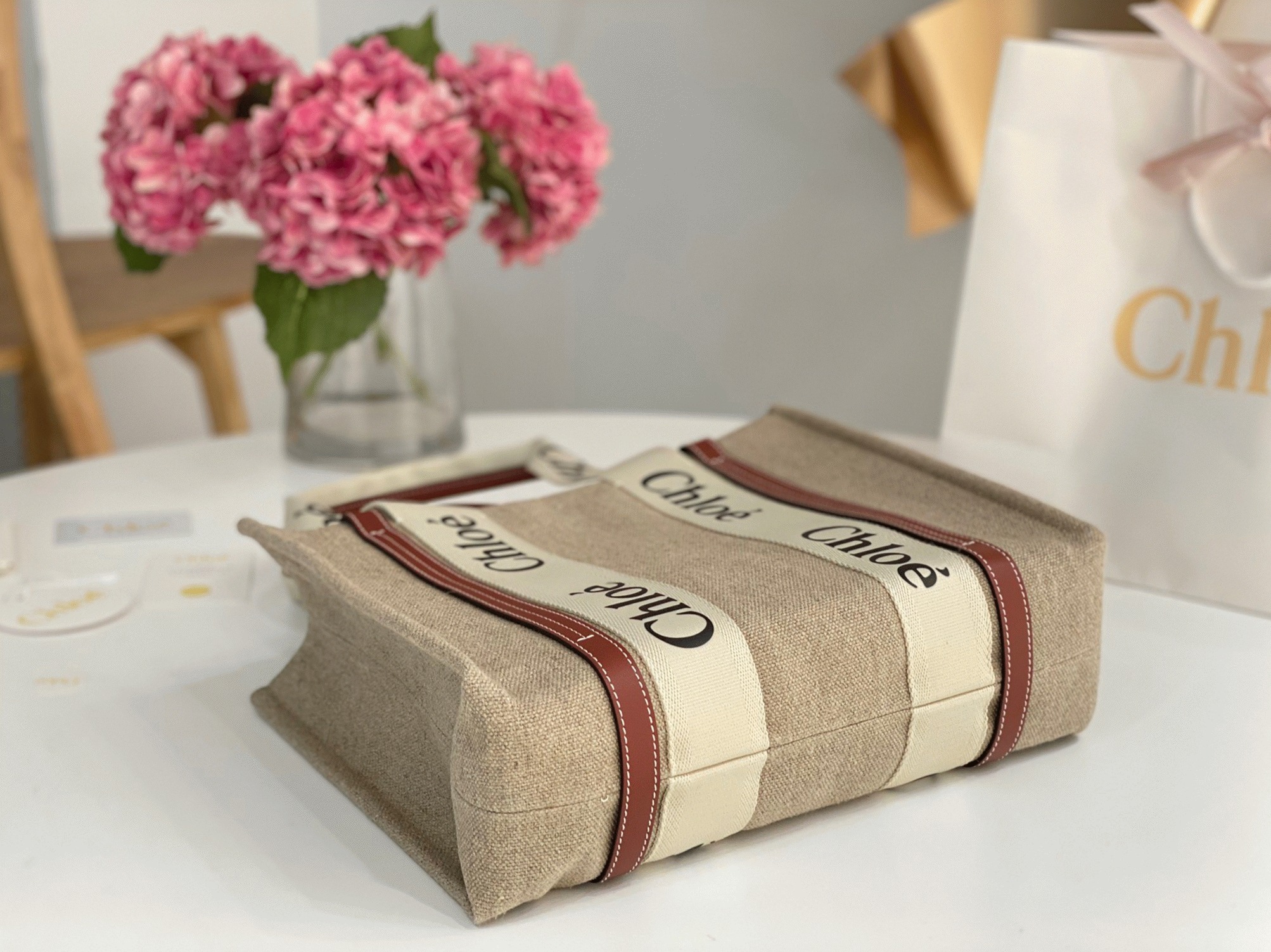 top quality knockoff Ch10e woody medium tote bag in linen canvas with brown leather
