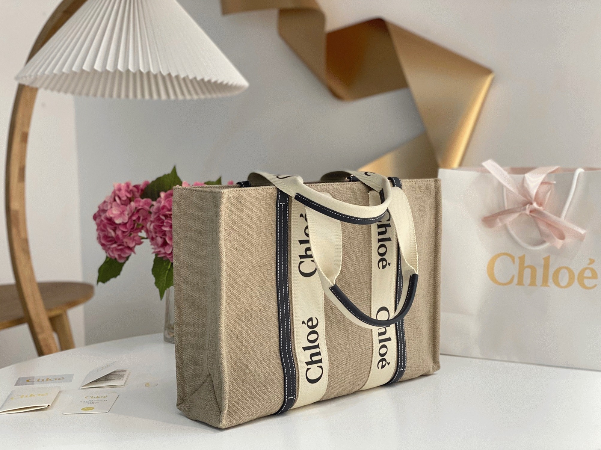 top quality fake Ch10e woody large tote bag in linen canvas with navy blue leather