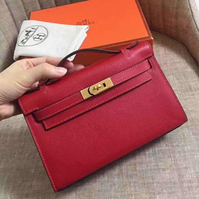 Rouge Vif Epsom Fake H**me5 Kelly Pochette Red Bold Clutch