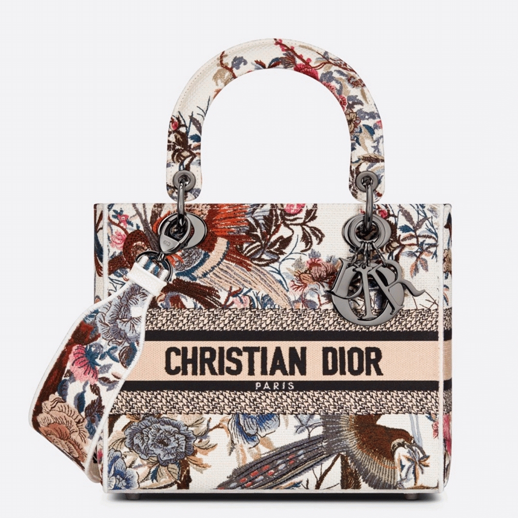 D10r Lady D-Lite Medium Bag Imitation in White Jardin d Hiver Embroidery