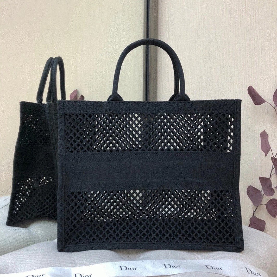 D10r Large Book Tote Bag Knockoff in Black Mesh Embroidery