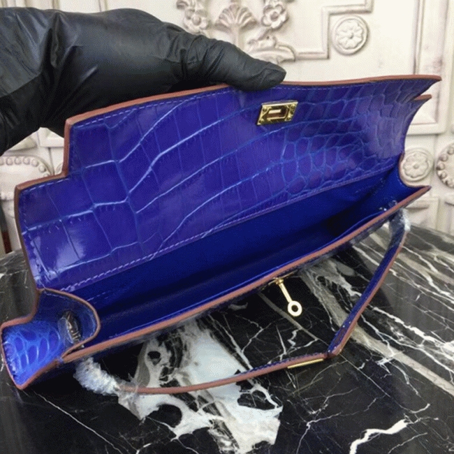 Blue Electric Crocodile Replica H**me5 Kelly Cut Clutch Bold Statement