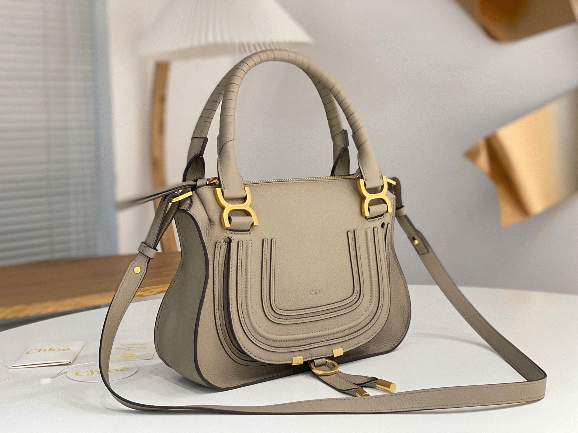 top quality faux Ch10e marcie small double carry bag in sand grained leather