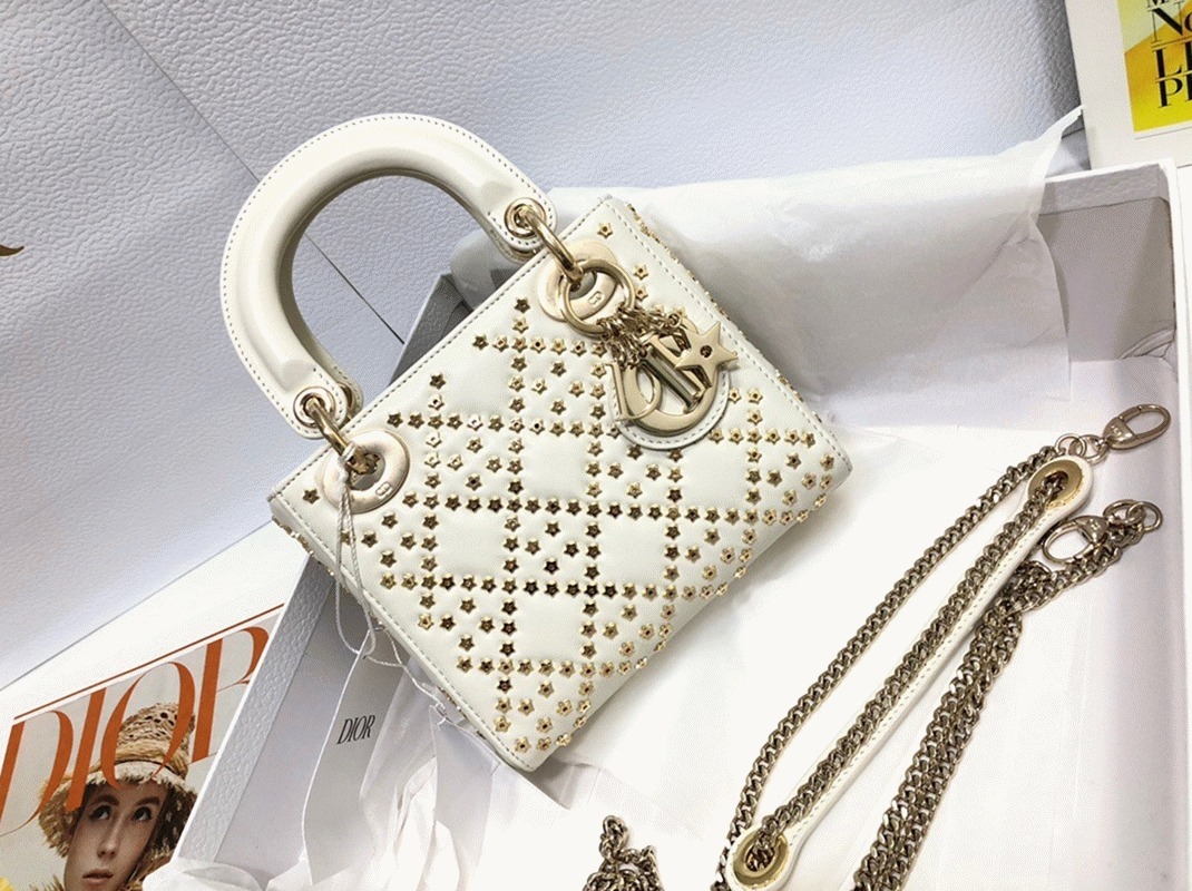 D10r Lady D10r Mini Chain Bag in White Lambskin with Star Embroidery