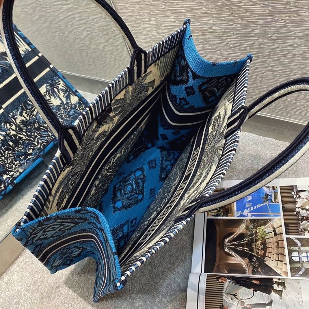 D10r Large Book Tote Bag Replica in Blue D10r Palms Embroidery
