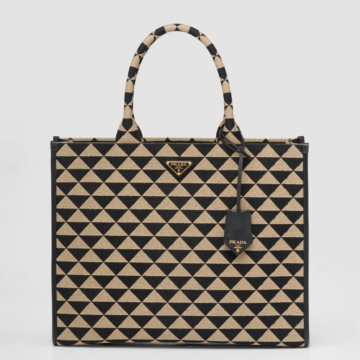 Pra*a Symbole Large Bag Knockoff in Black/Beige Jacquard Fabric