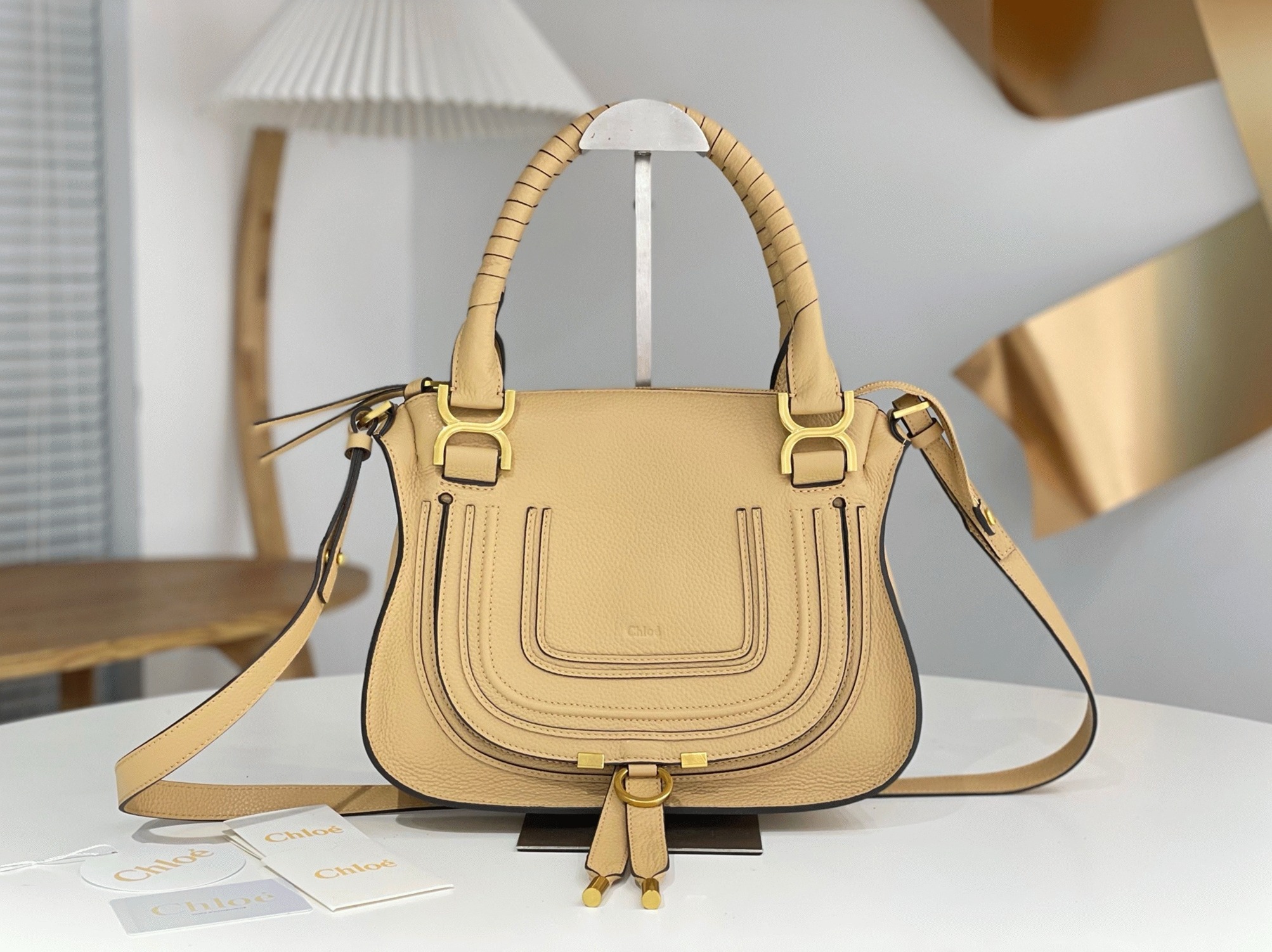 top quality fake Ch10e marcie small double carry bag in beige grained leather