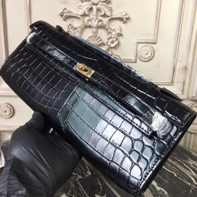 Black Crocodile Replica H**me5 Kelly Cut Clutch Exotic Skin Bag