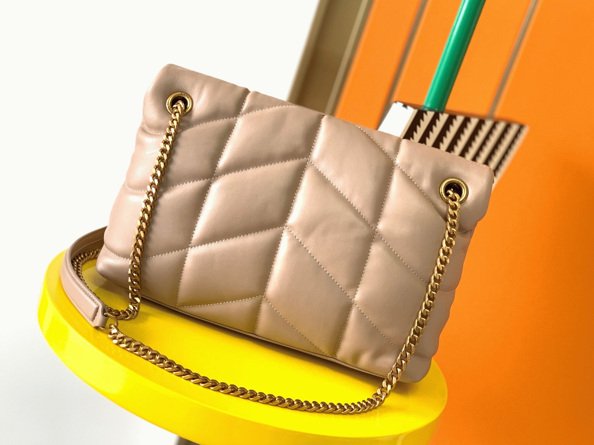 Replica Sa1nt Lau*nt Puffer Small Chain Bag Beige Lambskin
