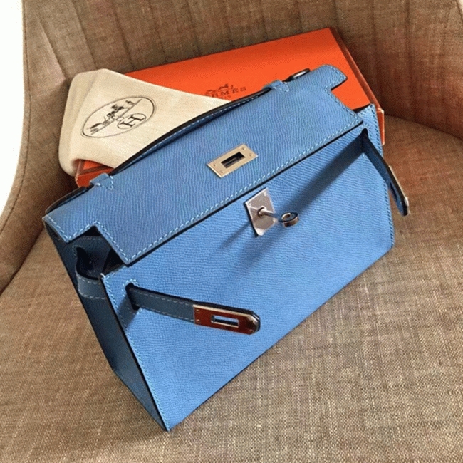 Celeste Epsom Knockoff H**me5 Kelly Pochette Light Blue Clutch