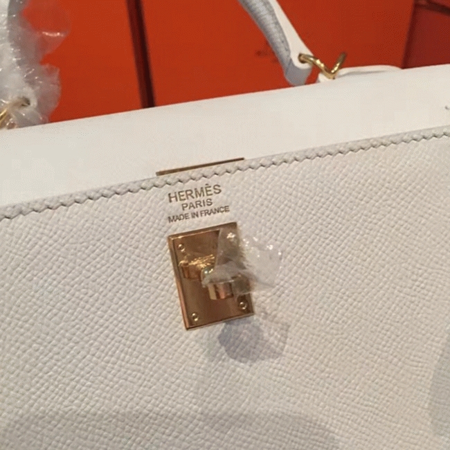 White Epsom Fake Luxury H**me5 Kelly 25cm Sellier Structured Bag