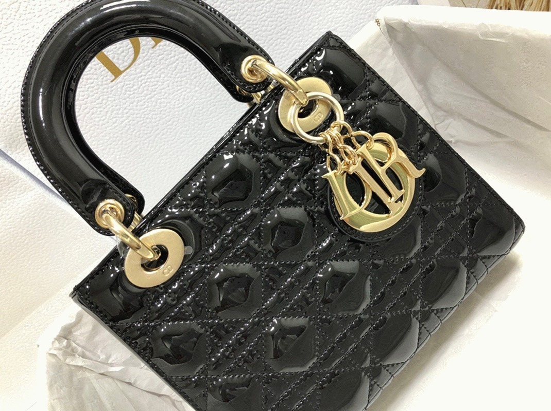 D10r Small Lady D10r Bag Knockoff in Black Patent Cannage Calfskin