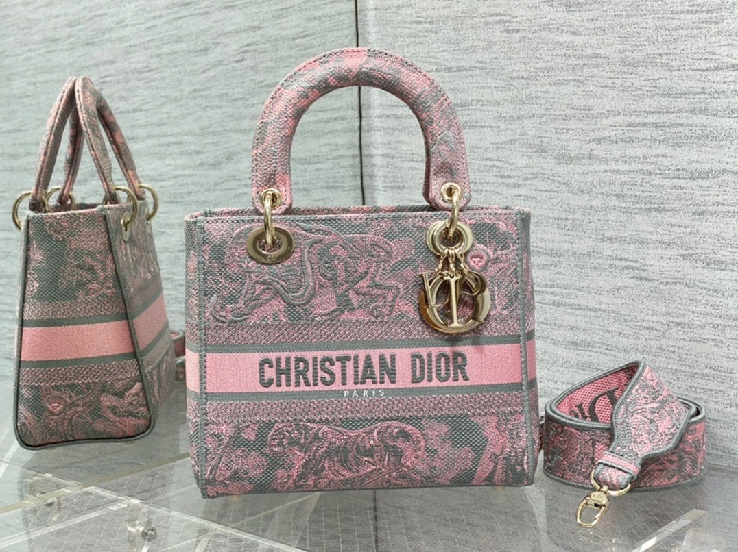 D10r Lady D-Lite Medium Bag Knockoff in Grey and Pink Toile de Jouy Reverse Embroidery