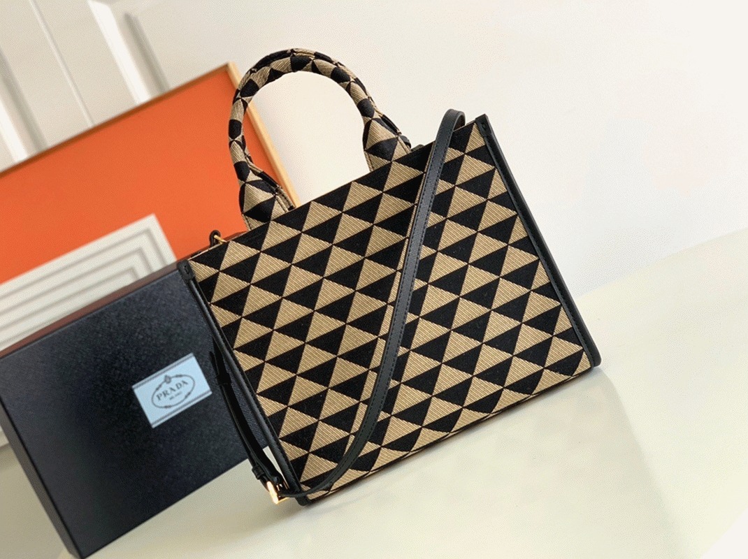 Pra*a Symbole Small Bag Replica in Black/Beige Jacquard Fabric