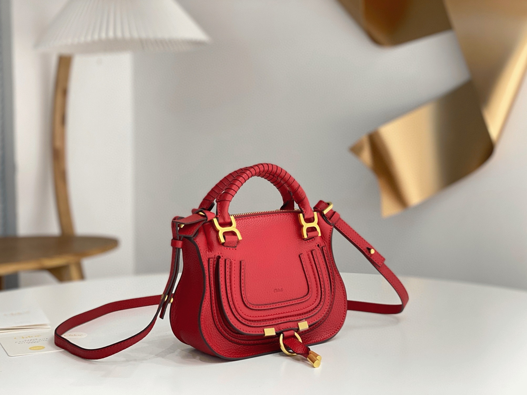 top quality knockoff Ch10e marcie mini double carry bag in red grained leather