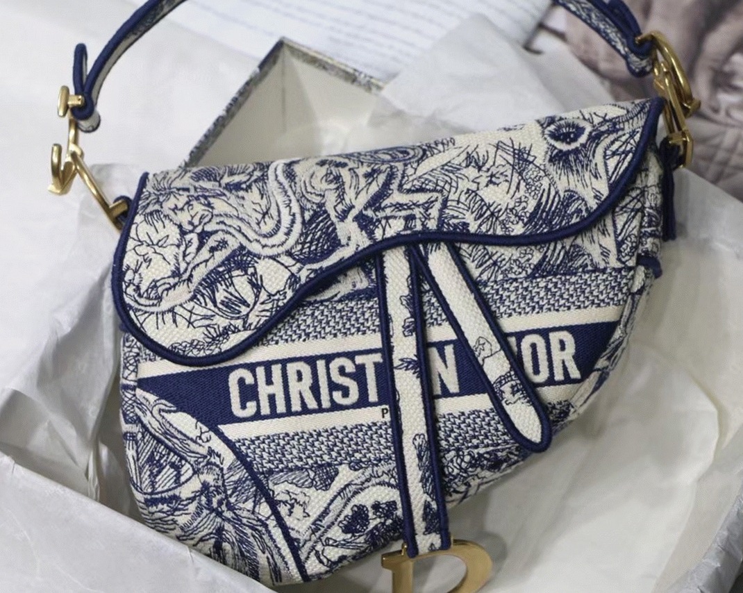 D10r Saddle Bag Replica in Blue Toile de Jouy Embroidery