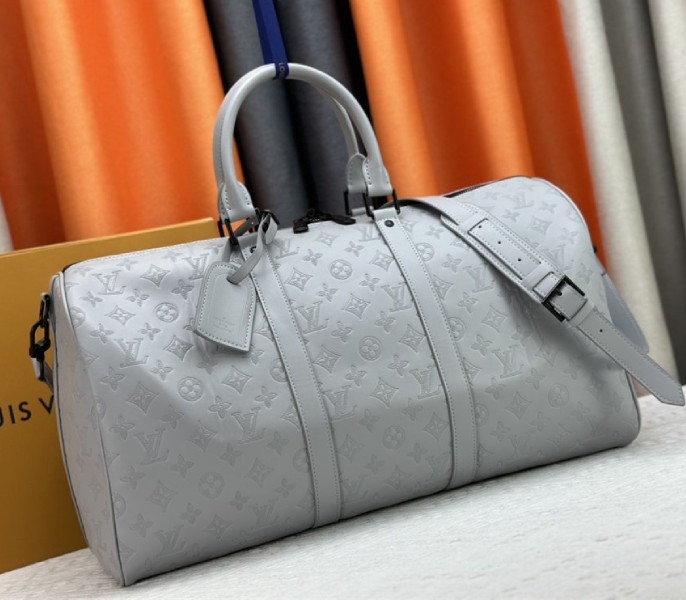 L0vis Vvtt0n Monogram Shadow Leather Keepall Bandouliere 50 With Leather Strap In Anthracite Gray