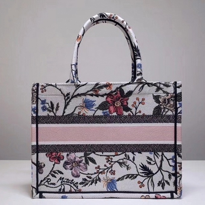D10r Medium Book Tote Bag Fake in Multicolor Rosa Mutabilis Embroidery