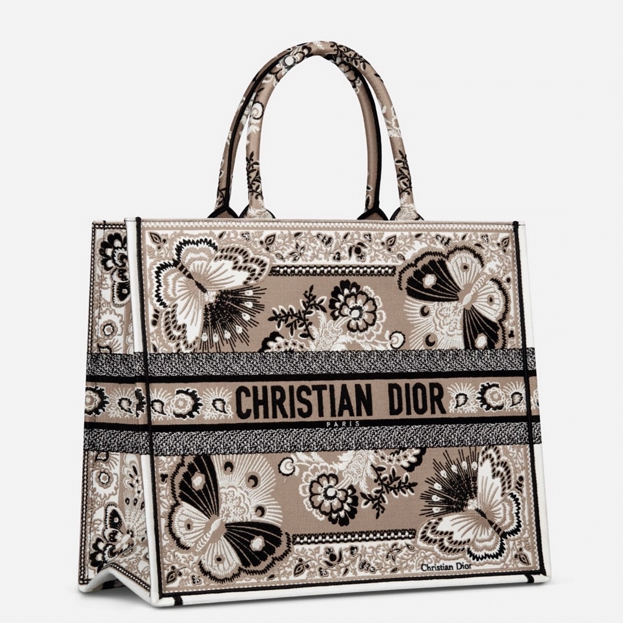 D10r Large Book Tote Bag Fake in Beige Butterfly Bandana Embroidery